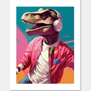 Cool Funny Dinosaur T-Rex Listen to Music Painting Posters and Art